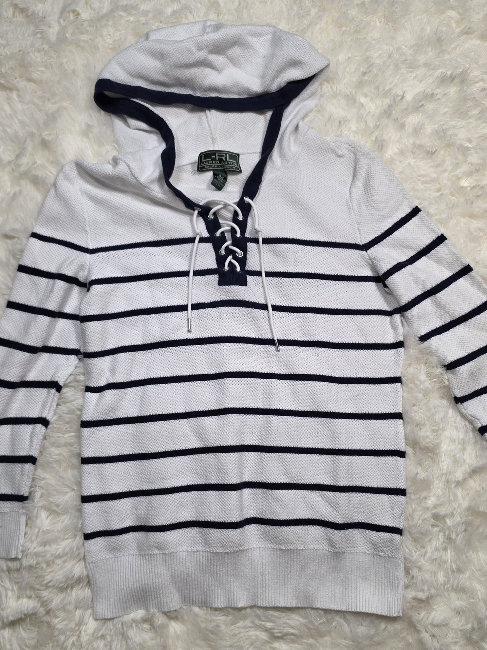 Ralph Lauren Active Wear White Striped Long Sleeve Hoodie Womens Size Small